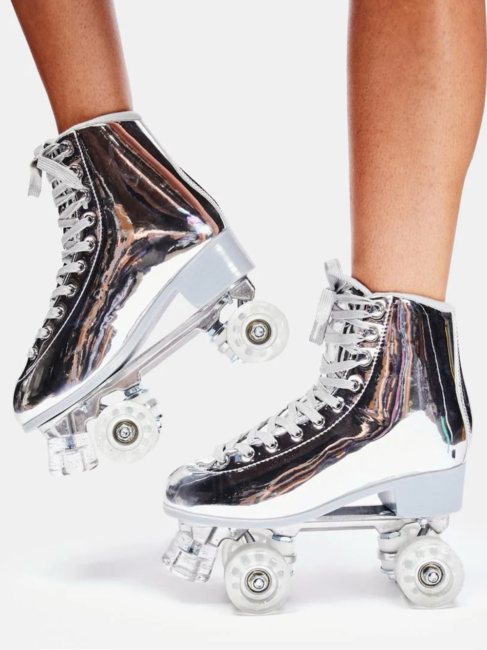 Women's Silver High-Top Roller Skates - Lace-Up Metallic Style